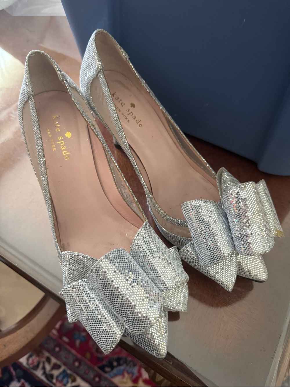 kate spade Silver Glitter Bow Pointed kitten heel